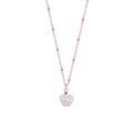 COLLANA IN ACCIAIO, CUPCAKE CON SMALTO ROSA E FUCSIA E PIETRE COLORATE