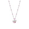 COLLANA IN ACCIAIO, FIOCCO CON SMALTO ROSA E FUCSIA E PIETRE COLORATE