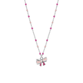 COLLANA IN ACCIAIO, FIOCCO CON SMALTO ROSA E FUCSIA E PIETRE COLORATE